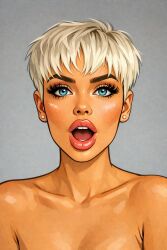 ai_generated bare_shoulders bimbo bimbo_lips bleached_blonde_hair blonde_female blonde_hair blue_eyes collarbone cswiz dark_eyebrows eye_contact eyelashes glitter_makeup long_eyelashes looking_at_viewer makeup mascara open_mouth pixie_cut short_hair stud_earrings western_art