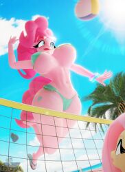 3d_(artwork) absurd_res anthro ball beach beach_ball bikini blender_(artwork) clothing digital_media_(artwork) duo equid equine feet female flip_flops fluttershy_(mlp) footwear friendship_is_magic hasbro hi_res hooves-art horse inflatable mammal my_little_pony pinkie_pie_(mlp) pony sandals shoes swimwear two-piece_swimsuit volleyball