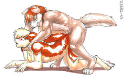 2006 anthro blush canine female fur furry husky kineta male meesh pink_nose sex straight traditional_media_(artwork) wolf zaush_(character)