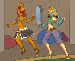 2023 2girls blue_lipstick bracelet breath_of_the_wild dark-skinned_female dark_skin gerudo gerudo_outfit gerudo_set_(zelda) gerudo_top gerudo_veil gerudo_zelda gold_(metal) gold_jewelry harem harem_clothing harem_girl harem_jewelry harem_outfit harem_pants harem_shoes hylian light-skinned_female light_skin lipstick mythkaz nintendo riju sfw shoes slave slave_bikini slave_collar slave_girl slave_outfit tears_of_the_kingdom the_legend_of_zelda the_legend_of_zelda:_breath_of_the_wild the_legend_of_zelda:_tears_of_the_kingdom translucent translucent_clothing translucent_pants zelda_(breath_of_the_wild) zelda_(tears_of_the_kingdom)