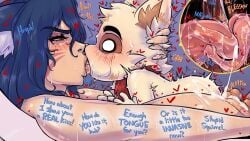 ahri animal_humanoid anthro bathtub big_breasts blue_hair blush bodily_fluids breasts brown_body brown_fur canid canid_humanoid canine canine_humanoid cum cum_on_breasts dialogue duo english_text fakeryway female fox_ears fox_humanoid french_kissing fur genital_fluids hair heart_symbol hi_res huge_breasts humanoid kissing larger_female larger_humanoid league_of_legends male male/female mammal mammal_humanoid multicolored_body multicolored_fur nipples nude nude_anthro nude_female nude_humanoid nude_male riot_games size_difference smaller_anthro smaller_male sweat tan_body tan_fur teemo tencent text two_tone_body two_tone_fur yellow_eyes yordle