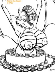 1girls angela_(badgerben) anthro areolae arms_behind_head badgerben big_breasts breasts cake cleavage dragon female female_only furry heart hyper hyper_breasts looking_away monochrome nipples nude scalie smile solo white_background