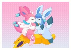 abstract_background anonymous_artist blush blush_lines border cel_shading clothing collar cowgirl_position dotted_background eeveelution eeveelution_squad facesitting female feral footwear from_front_position generation_1_pokemon generation_4_pokemon generation_6_pokemon genitals glaceon group group_sex hi_res jolteon kiss_on_lips kissing lazuli_(eeveelution_squad) male nintendo on_bottom on_top pattern_background penis pokemon pokemon_(species) scarf semi-anthro sex shaded silvia_(eeveelution_squad) simple_background sitting_on_another socks speed_(eeveelution_squad) sylveon threesome trans_(lore) trans_woman_(lore) trio vaginal_penetration white_border