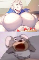 anthro_penetrating antrhopomorphic antro antropomorph blue_scarf cake dragon eyes_closed jerry_mouse man_boobs man_breasts man_tits mantits mouse muscular muscular_male rodent roman_(character) roman_(deimon_rex) scalie shitpost strawberry strawberry_cake tagme white_scales