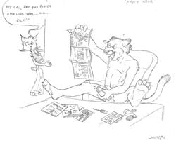 1boy 1girls anthro artist_name balls ballsack body_fur calorath clothed_female_nude_male erection feline female funny furry geek humanoid_penis lyra male male_nipples male_pubic_hair masturbation monochrome nude_male penis scrotum seraph_(artist) smooth_penis testicles