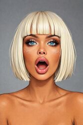 ai_generated bare_shoulders bimbo bimbo_lips bleached_blonde_hair blonde_female blonde_hair bob_cut collarbone cswiz dark_eyebrows eye_contact eyelashes eyeshadow glitter_makeup glossy_lips lipgloss long_eyelashes looking_at_viewer makeup neutral_background open_mouth