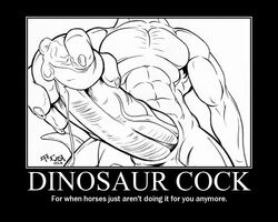 1boy 2003 black_and_white dinosaur erection framed humanoid_penis hyper kencougr male male_only monochrome motivational_poster muscles penis poster precum scalie sheath solo the_truth