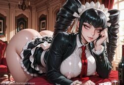 1girl ai_generated alternate_costume ass backdoorsenpai bell_earrings big_ass black_hair black_jacket black_nails bow breasts celestia_ludenberg covered_nipples curvy danganronpa danganronpa_(series) drill_hair egao female female_only frilled_skirt jacket large_breasts layered_skirt maid_headdress medium_skirt naughty_face naugty_eyes necktie perky_breasts red_eyes rubbing_eyes shirt skirt sleepy solo thick_thighs thighs twin_drills white_bow wide_hips