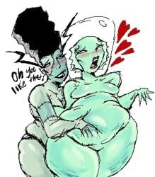 2girls belly belly_grab bikini_removed blush breasts bride_of_frankenstein cascadedrawz cellulite chubby chubby_female creature_commandos dc dc_comics dcu female female_only green_body green_skin nina_mazursky no_nipples nude nude_female overweight the_bride_(creature_commandos) thick_thighs wide_hips