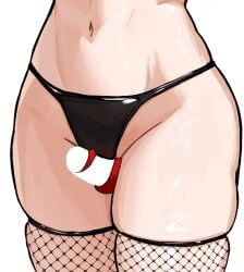 1girl belt blank_censor censored close-up commentary english_commentary fishnet_thighhighs fishnets hakos_baelz highleg highleg_panties hip_focus hololive hololive_english lower_body midriff mouse_girl mouse_tail navel no_pants panties sexually_suggestive simple_background skindentation solo tail tailjob thigh_sex thighhighs thighs ttsyrene underwear virtual_youtuber white_background white_belt