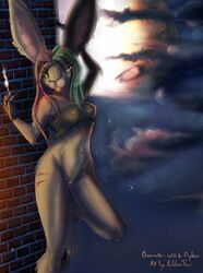 against_wall ambberfox anthro blood bottomless breasts clouds female fingerless_gloves fur furry green_eyes lagomorph moon moonlight night nude pussy rabbit smoking solo stars translucent vampire