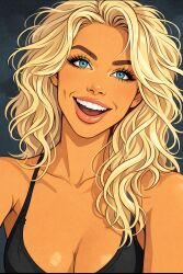 ai_generated bare_shoulders bimbo black_topwear blonde_hair cswiz dimples open_mouth smiling smiling_at_viewer wavy_hair western_art