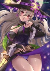 1girls alternate_costume ass_visible_through_thighs bangs bare_shoulders black_dress breasts bridal_gauntlets cleavage clothes_lift corrin_(female)_(halloween)_(fire_emblem) corrin_(fire_emblem) corrin_(fire_emblem)_(female) crescent crescent_hat_ornament dress female female_only fire_emblem fire_emblem_fates fire_emblem_heroes green_sash halloween halloween_costume hat hat_ornament lantern long_hair medium_breasts nail_polish nintendo official_alternate_costume open_mouth panties pointy_ears purple_nails purple_panties purple_ribbon red_eyes ribbon sash skirt skirt_lift snow20200 solo star_(symbol) star_hat_ornament thighs underwear upskirt very_long_hair watermark white_hair witch witch_hat