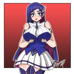 battle_academia_caitlyn battle_academia_series big_breasts blue_eyes blue_hair caitlyn_kiramman fanart kaimaruz large_socks league_of_legends purple_hair school_uniform schoolgirl skirt soft_nsfw