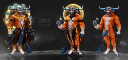 anthro arm_armor blue_eyes blue_fingers blue_hooves blue_horn blue_penis bovid bovine cattle foreskin fragrantplague genitals halo hi_res hooves horn male mammal muscular muscular_male orange_body penis shendyt solo zodiac_symbol