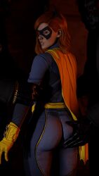 1girls 3d angry ass_grab barbara_gordon bat_ears batgirl batgirl_(gotham_knights) batman_(series) big_ass cape captured dc dc_comics domino_mask emberstock female female_focus gotham_knights grope groping groping_ass imminent_rape leather_gloves looking_at_viewer red_hair unseen_male_face