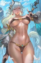 1girls big_breasts bulging_breasts curvaceous curvy_body curvy_female curvy_figure female_focus female_only genshin_impact long_hair looking_at_viewer nopeys shenhe_(genshin_impact) tagme thong voluptuous white_hair