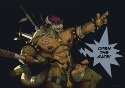 2022 accessory anthro armpit_hair balls baseball_bat bat_(object) black_background body_hair bowser bracelet chain_necklace chest_hair cock_ring dialogue english_text erection eruprior genitals hair hi_res horn jewelry koopa male male_only mario_(series) melee_weapon muscular muscular_anthro muscular_male nails necklace nintendo nipple_piercing nipples penis penis_accessory penis_jewelry piercing red_hair scalie simple_background solo speech_bubble spiked_bracelet spiked_cock_ring spikes super_mario_bros._(2023_film) sword text video_games weapon