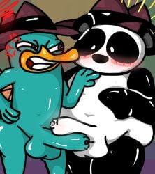 angry anthro ass balls beak big_butt blush bodily_fluids clothing disney dripping duo fedora foreskin fur genital_fluids genitals green_body green_fur hat headgear headwear male male/male momu9172 penis perry_the_platypus peter_the_panda phineas_and_ferb precum precum_drip slightly_chubby surprise white_body wide_hips