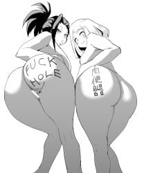 2girls anus ass bending_forward bending_over big_ass black_hair blush body_writing breasts brown_hair free_use high_ponytail huge_ass huge_breasts long_hair momo_yaoyorozu my_hero_academia nipples nude ochako_uraraka open_mouth ponytail public_use pussy puyo_momo short_hair sketch text tongue tongue_out translated