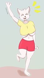 anthro crop_top excited huge_breasts nipple_slip shorts thick_thighs underboob visible_nipple waving