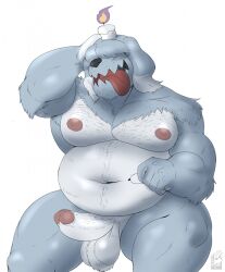 1boy anthro anthrofied blue_body blue_fur candle canine flappy_ears ghost greavard hair_covering_eyes hand_on_head lit_candle male male_only naked nelldemon nintendo nude open_mouth pokemon solo tongue tongue_out veiny_penis white_background white_body white_fur