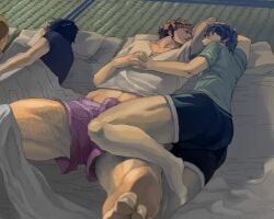 bara bulge cuddle cuddling gay hairy_legs hairy_male lying lying_down lying_on_back morning_wood multiple_boys size_difference yaoi