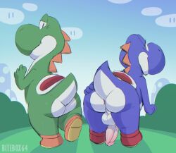 2022 anthro anus ass backsack balls bitebox64 blue_yoshi blush clothing cloud digital_media_(artwork) dinosaur duo erection footwear genitals green_yoshi humanoid_genitalia humanoid_penis looking_at_viewer looking_back male male_only mammal mario_(series) nintendo outside penis presenting presenting_hindquarters reptile scalie shoes super_mario_bros. video_games yoshi