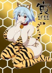 2022 bell_collar bikini blue_hair cat_ears cheetah_print infinite_stratos looking_at_viewer sarashiki_tatenashi short_hair space_gorilla tail