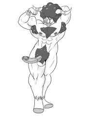 anthro armpit_hair biceps body_hair bouffalant bovid bovine erection flexing generation_5_pokemon genitals hi_res male mammal monochrome muscular muscular_anthro muscular_male nintendo nipple_piercing nipples penis piercing pokemon pokemon_(species) pokemorph smutty-smeargle solo video_games