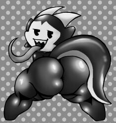 anthro ass big_butt evelyn_(whygena) female kaseyla89864725 kobold looking_at_viewer low_res lustful_gaze presenting sharp_teeth simple_background solo teeth tongue tongue_out