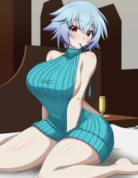 big_breasts infinite_stratos looking_at_viewer pocky_in_mouth sarashiki_tatenashi sitting_on_bed thick_thighs virgin_killer_sweater