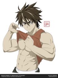 1boy 2010 abs bara brown_eyes brown_hair highschool_of_the_dead light-skinned_male light_skin male male_focus male_only muscular muscular_arms muscular_male red_tank_top sagging_pants solo spiked_hair takashi_komuro tank_top tank_top_lift tank_top_up tanktop underwear underwear_peek white_background white_underwear zephleit