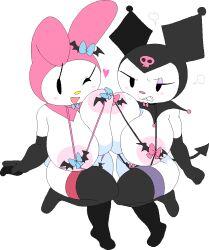 2girls angry asymmetrical_docking big_ass big_breasts big_butt cleavage dream-cassette elbow_gloves female female_only gloves halloween hoshime kuromi mob_face multiple_girls my_melody onegai_my_melody sanrio socks transparent_background yuri