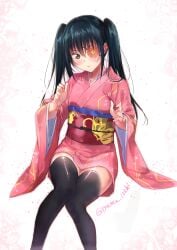 1girls 2010s 2019 black_hair black_legwear black_thighhighs blush brown_eyes embarrassed eye_patch feet_out_of_frame female female_only fully_clothed gintama hi_res isshi_pyuma japanese_clothes kimono knees_together_feet_apart long_hair looking_at_viewer obi official_alternate_costume short_dress short_kimono sitting small_breasts solo thighhighs twintails wide_sleeves yagyuu_kyuubei zettai_ryouiki