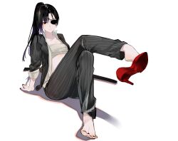 androgynous barefoot black_eyes black_hair black_nails blazer crossed_legs expressionless eye_patch feet_up female female_only full_body ganecooo gintama high_heels long_hair nail_polish official_alternate_costume open_jacket open_shirt pale-skinned_female pale_skin ponytail popped_collar reclining sarashi single_shoe sitting solo suit toenail_polish tomboy yagyuu_kyuubei