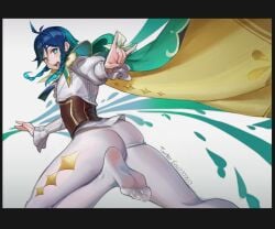 1boy ass blue_hair cape corset feet femboy genshin_impact male_focus male_only pantyhose sintrybest_(artist) venti_(genshin_impact)