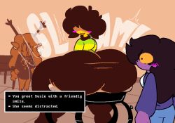 1boy 2girls ass ass_expansion big_ass big_butt black_hair blush blush_lines butt butt_expansion butt_slam deltarune fat_ass fat_butt femboy fully_clothed ghost-vibezz huge_ass huge_butt hyper hyper_ass iwanttodieaha kris_(deltarune) looking_back male male_only noelle_holiday oblivious smile smiling solo_focus susie_(deltarune) text text_box thick_ass thick_butt toby_fox undertale_(series) yellow_eyes