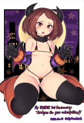 bikini black_socks blush breasts brown_eyes brown_hair cameltoe collar embarrassed fake_wings fluffy_collar gloves halloween halloween_costume kneeling looking_at_viewer micro_bikini my_hero_academia ochako_uraraka open_mouth pussy saltydanshark short_hair small_breasts socks succubus succubus_costume succubus_horns succubus_tail swimsuit thick_thighs thigh_socks thighhighs thighs