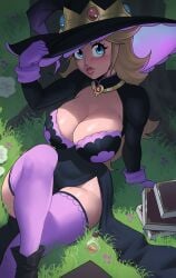 1girls big_lips blonde_hair blue_eyes breasts cleavage clothing echosaber female footwear halloween handwear hat headwear hi_res huge_breasts human large_hat legwear light-skinned_female light_skin lips long_hair looking_at_viewer mario_(series) nintendo pale_skin princess_peach smile solo thick_lips witch witch_costume witch_hat