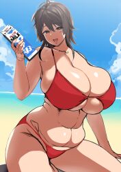 beach belly bikini breasts cleavage hakai_shin huge_breasts milk milk_carton navel original original_character plump sketch thick_thighs