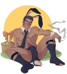 balls blush boner booty_electric bulge bunny_ears cigarette dojima_ryotaro erection erection_under_clothes facial_hair male male_only muscles muscular necktie penis persona_4 sock_garters socks solo solo_male spread_legs underwear