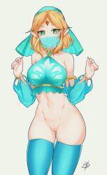 1girls blonde_hair blue_thighhighs bottomless breath_of_the_wild delux female female_only forehead_jewel gerudo_link_(cosplay) gerudo_outfit gerudo_veil green_eyes hylian innie_pussy looking_at_viewer nintendo no_panties pointy_ears princess_zelda pussy smile smiling smiling_at_viewer solo tears_of_the_kingdom the_legend_of_zelda thigh_squish thighhighs third-party_edit veil very_high_resolution white_background zelda_(tears_of_the_kingdom)