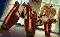 1girls armbinder artist_name artist_signature ass bitchsuit black_panties blonde_female blonde_hair blush blushing blushing_at_viewer bondage fate/grand_order fate_(series) female female_focus female_only fingerless_gloves full_body gloves green_eyes hair_between_eyes hi_res high_heels high_resolution highres human_dog indoors legbinder light-skinned_female light_skin looking_at_viewer mordred_(fate) mordred_(fate/apocrypha) one_eye_closed panties piddlefours ponytail small_breasts solo solo_female solo_focus themaestronoob tile_floor tiles underboob window