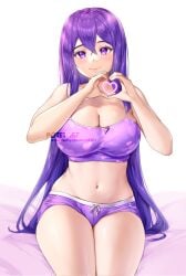 1girls bra breasts cleavage doki_doki_literature_club female female_only heart light-skinned_female light_skin long_hair looking_at_viewer navel potetos7 purple_bra purple_eyes purple_hair purple_shorts shorts sitting smile smiling smiling_at_viewer solo thighs white_background wholesome yuri_(doki_doki_literature_club)