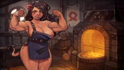 1girls anthro apron areolae blacksmith boar breasts bronwen_(cyancapsule) colored curly_hair curvy curvy_figure cyancapsule dark_hair dark_skin digital_media_(artwork) flexing flexing_bicep furry large_breasts masculine_female muscles muscular_female my_pig_princess naked_apron nipple_slip one_breast_out one_nipple_out pig pig_ears romper