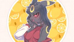 animal_ears anthro black_fur black_hair black_skin breasts choker clothed drunkoak eeveelution female game_freak hair nintendo pokemon questionable_consent red_eyes safe_for_work sfw umbreon