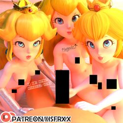 1boy 2022 3d 3d_(artwork) 3girls big_breasts blonde_hair blue_eyes breasts censor_bar censored clone crown earrings eyelashes female female_focus foursome gloves handjob hsfrx light-skinned_female light-skinned_male light_skin lips lipstick long_hair make_up makeup male male_pov mario_(series) multiple_girls nintendo pink_lips pink_lipstick pov princess_peach pussy shiny_ass shiny_breasts shiny_butt shiny_hair shiny_skin sole_male square_crossover trio_female white_gloves white_skin yellow_hair