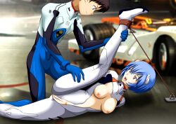 blue_hair bondage breasts female male neon_genesis_evangelion nipples open_mouth plugsuit pussy red_eyes rei_ayanami shinji_ikari slavetoon