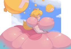 1girls breast_expansion breasts expansion female female_only huge_breasts inflation mario_(series) nintendo nipple_bulge p-balloon princess_peach solo solo_female super_mario_world tinmible